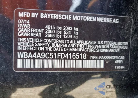 2015 BMW 428 I Gran Coupe Sulev z USA, uszkodzony, nr VIN WBA4A9C51FD416518